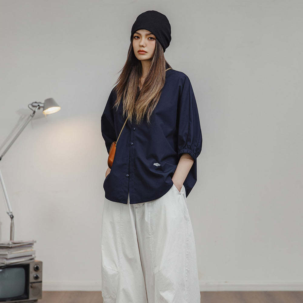 馬登女裝 美式襯衫七分袖寬鬆上衣蝙蝠袖休閒透氣立領外套可疊穿夏季女