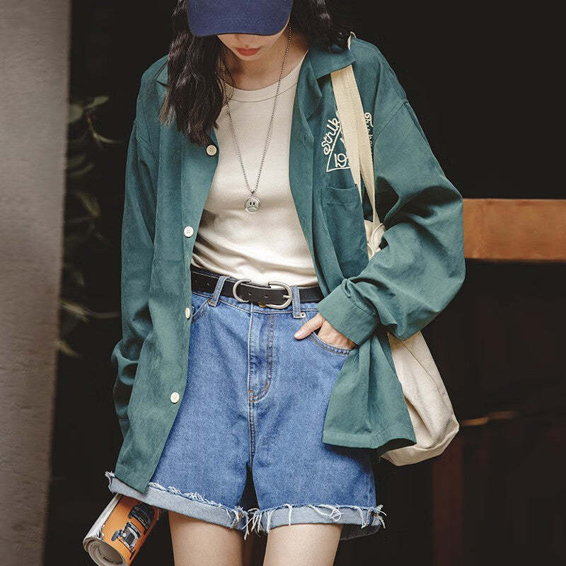 馬登女裝 美式復古磨毛刺繡襯衫桃皮絨寬鬆翻領保齡球襯衣女潮夏