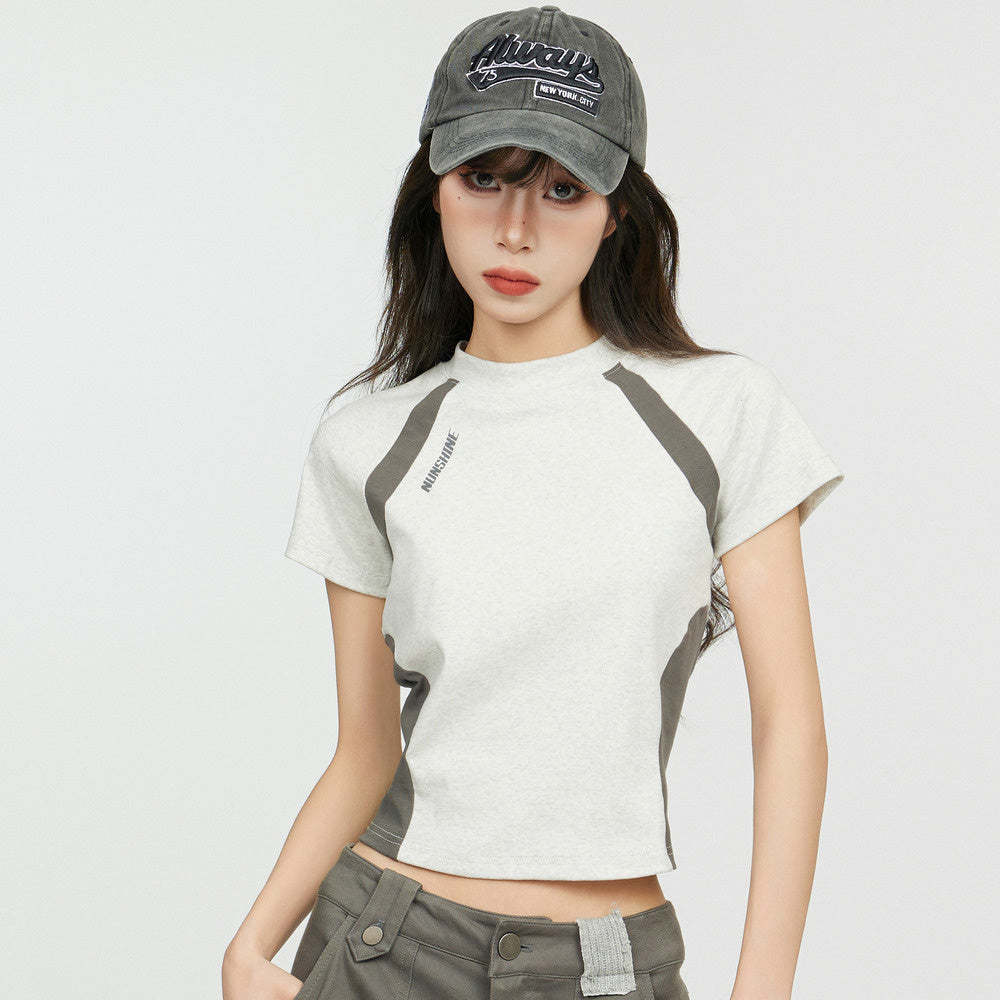 美式灰色正肩短袖t恤女夏季修身半袖設計感小眾辣妹運動短款上衣