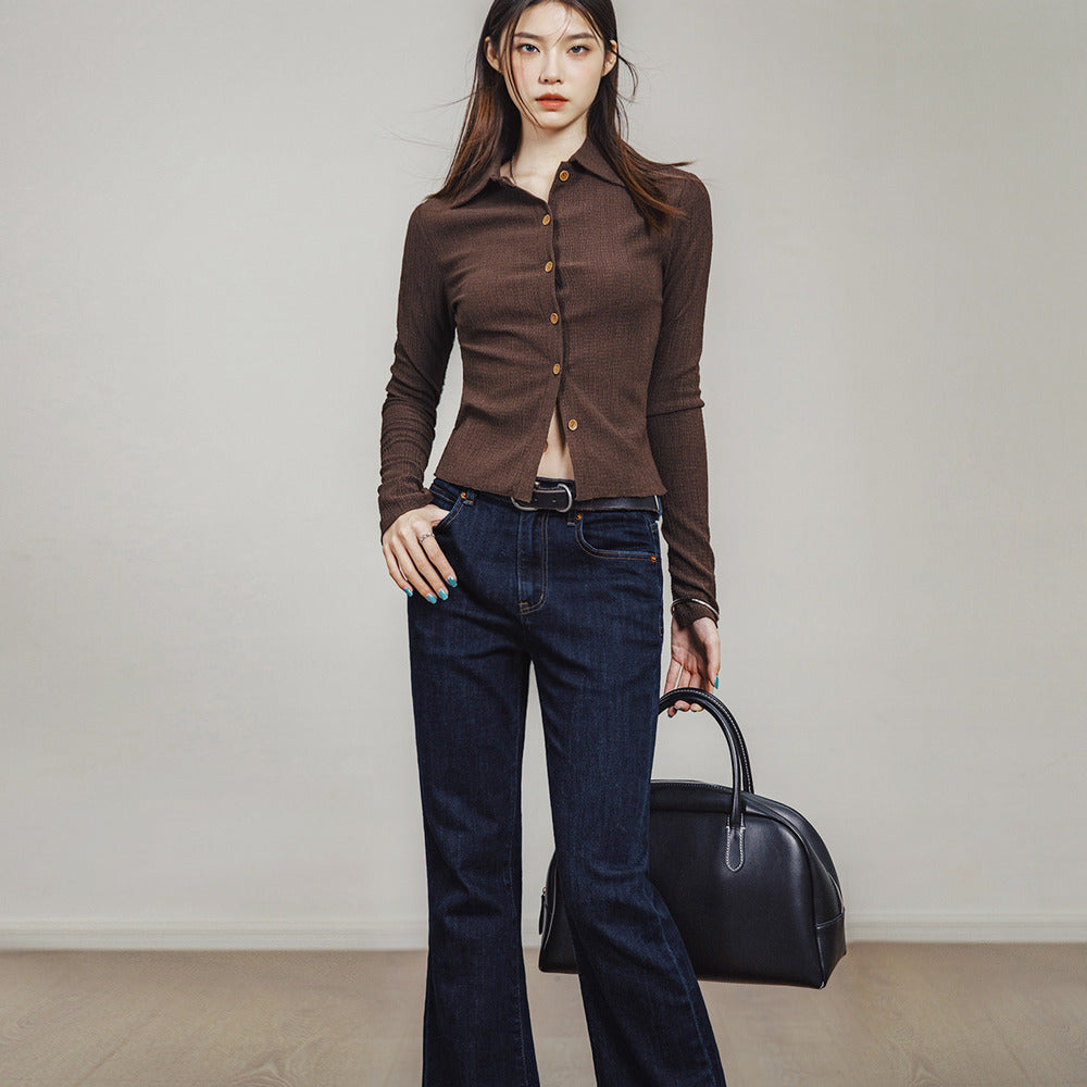 馬登女裝 深色微胖梨形身材喇叭褲顯瘦微喇牛仔褲加長馬蹄褲子女