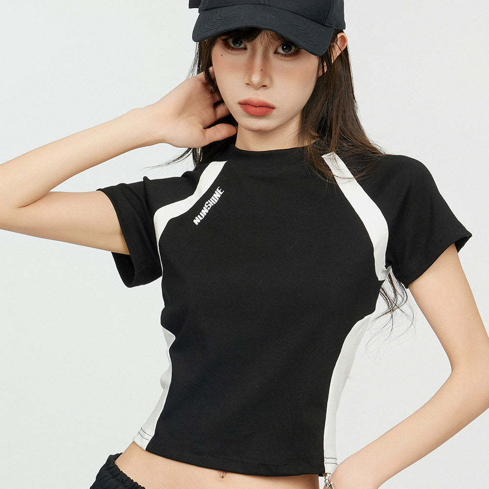 美式灰色正肩短袖t恤女夏季修身半袖設計感小眾辣妹運動短款上衣