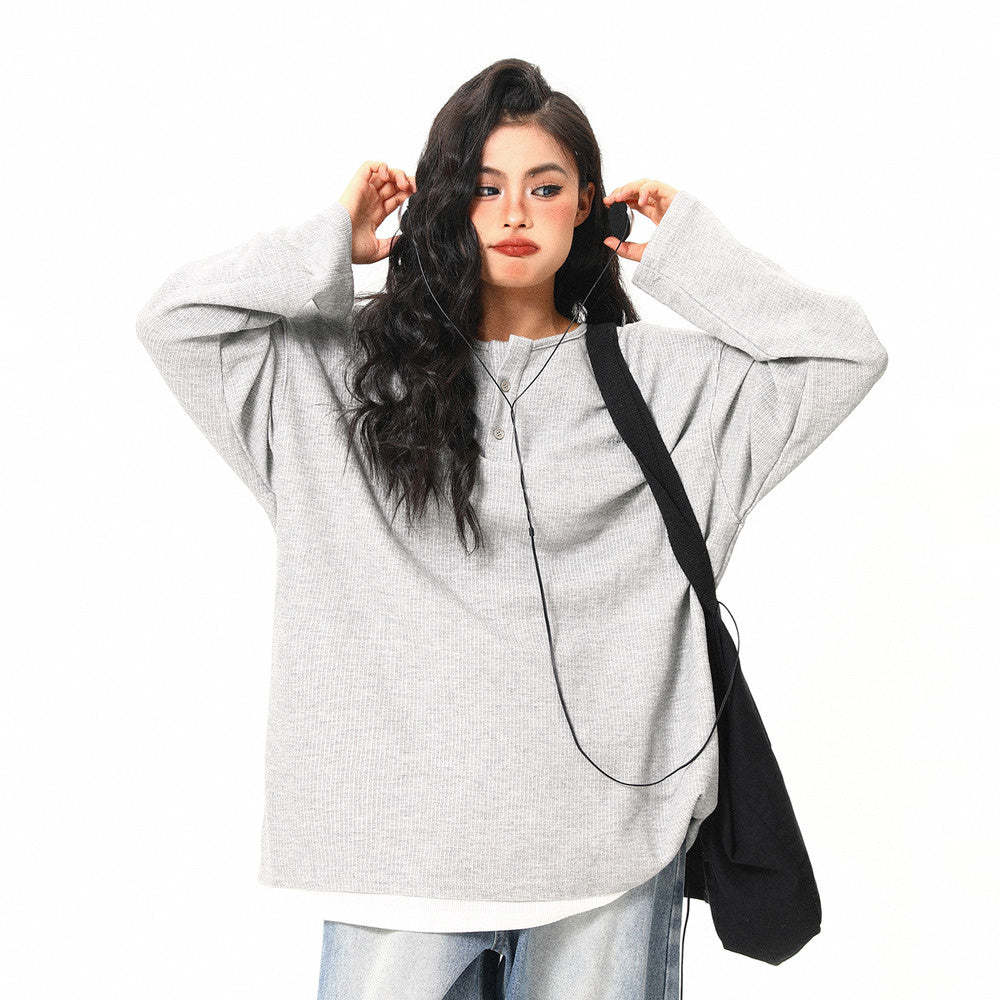 美式復古高級感假兩件長袖打底衫女秋季百搭潮流設計上衣