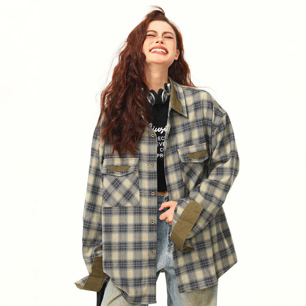 美式復古拼接撞色設計感秋季格子長袖襯衫女寬鬆百搭襯衣