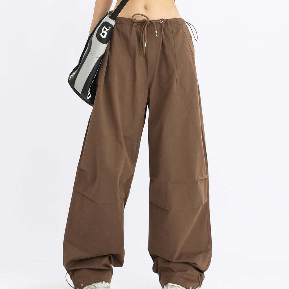 美式闊腿抽繩傘兵工裝褲女寬鬆低腰休閒百搭長褲