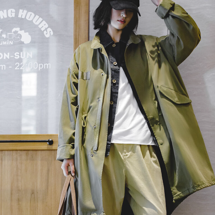 馬登女裝 軍綠色風衣寬鬆派克服魚尾外套秋季高級感長款大衣斗篷