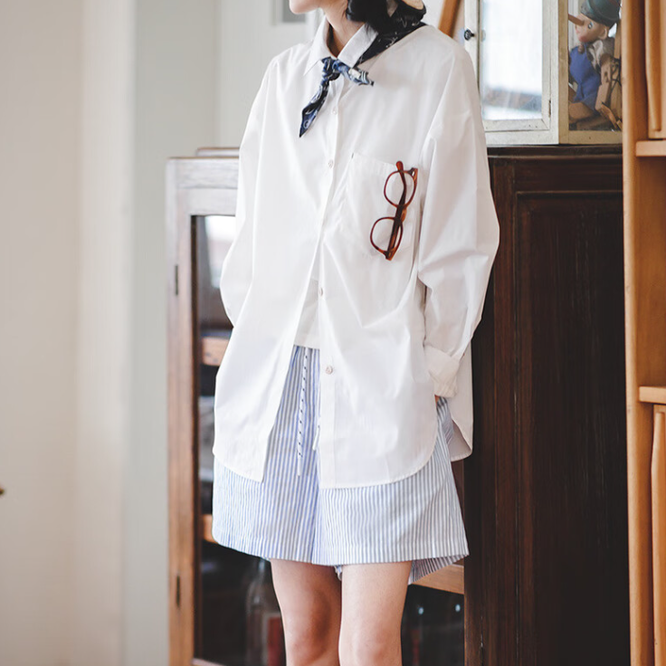 馬登女裝 藍白條紋休閒短褲A字版純棉寬鬆顯瘦高腰運動闊腿褲