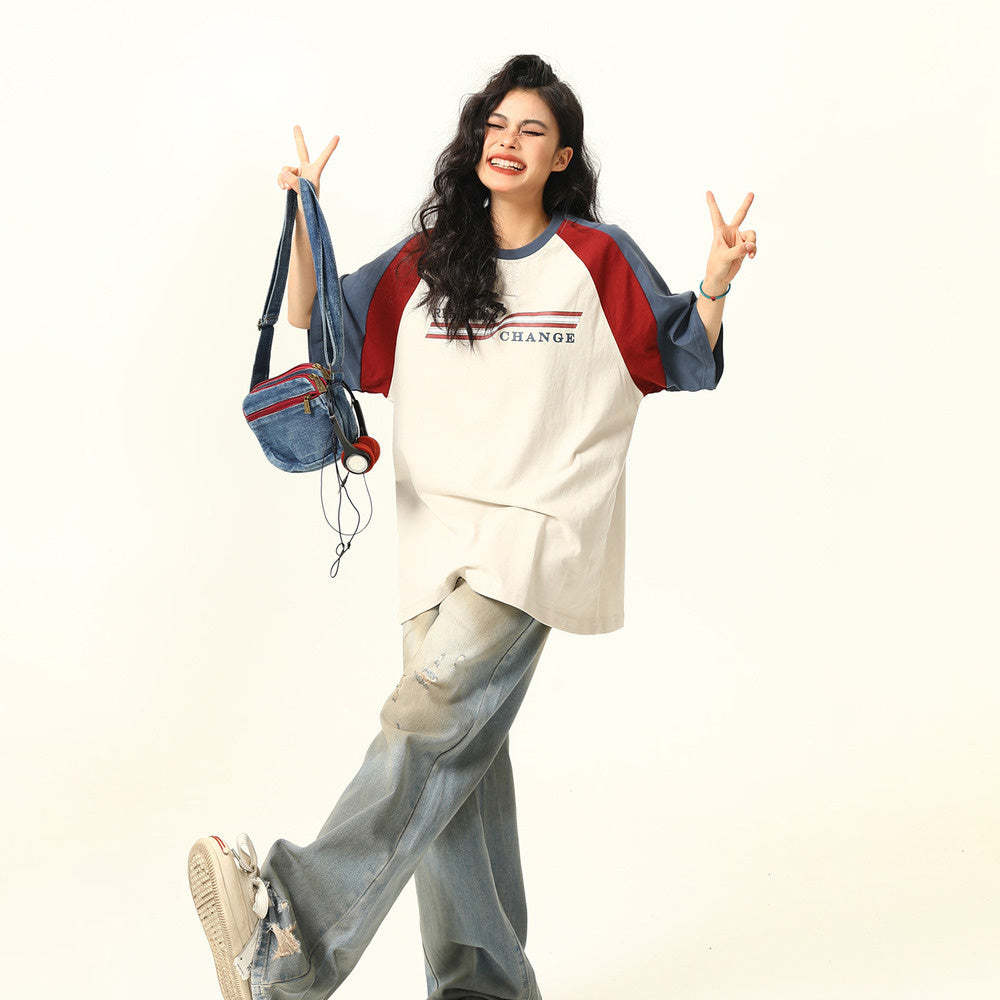 美式復古拼接撞色插肩袖短袖T恤女寬鬆百搭tee