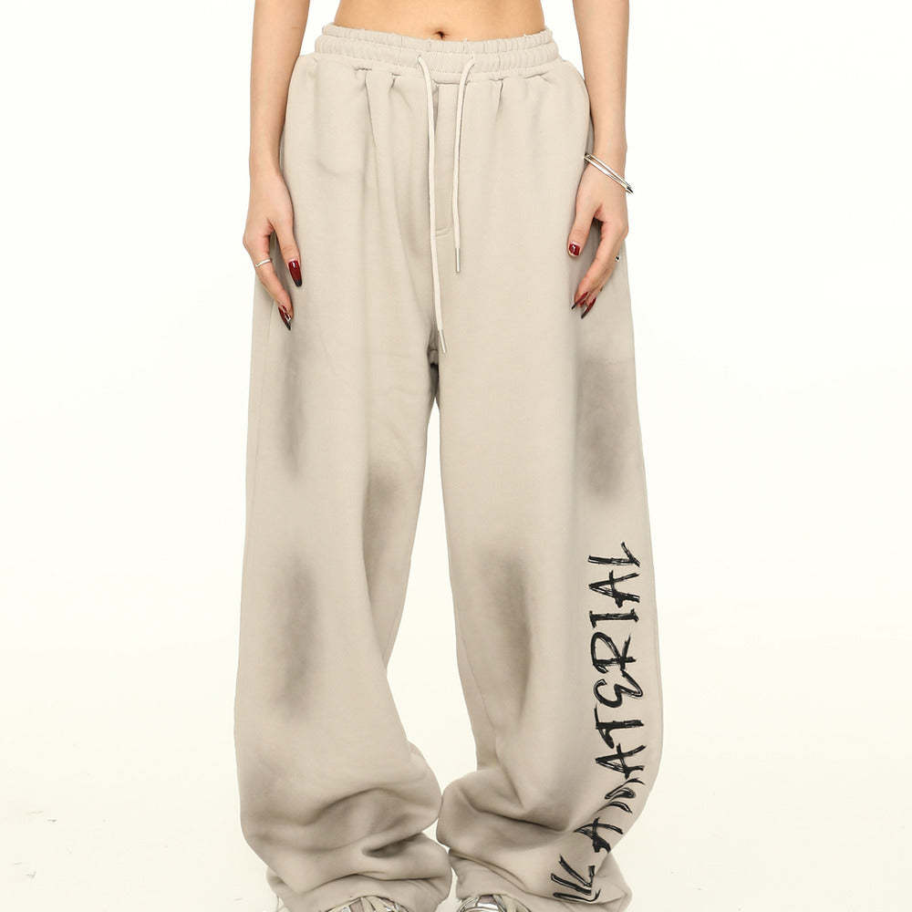 美式寬鬆闊腿衛褲女塗鴉廢土風高街褲子嘻哈長褲