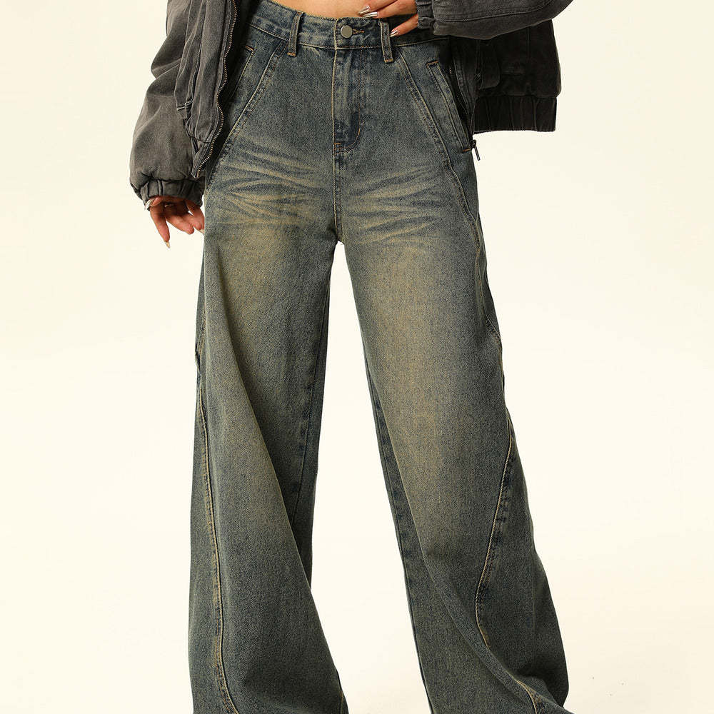 美式復古水洗做舊牛仔褲女顯瘦寬鬆直筒闊腿褲子