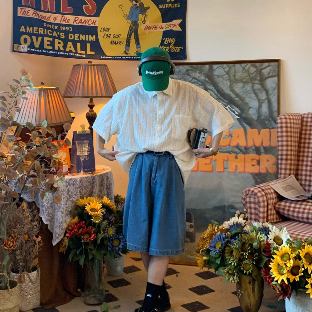 日系復古簡約慵懶鏤空短袖襯衫夏輕奢設計感小眾中性襯衣