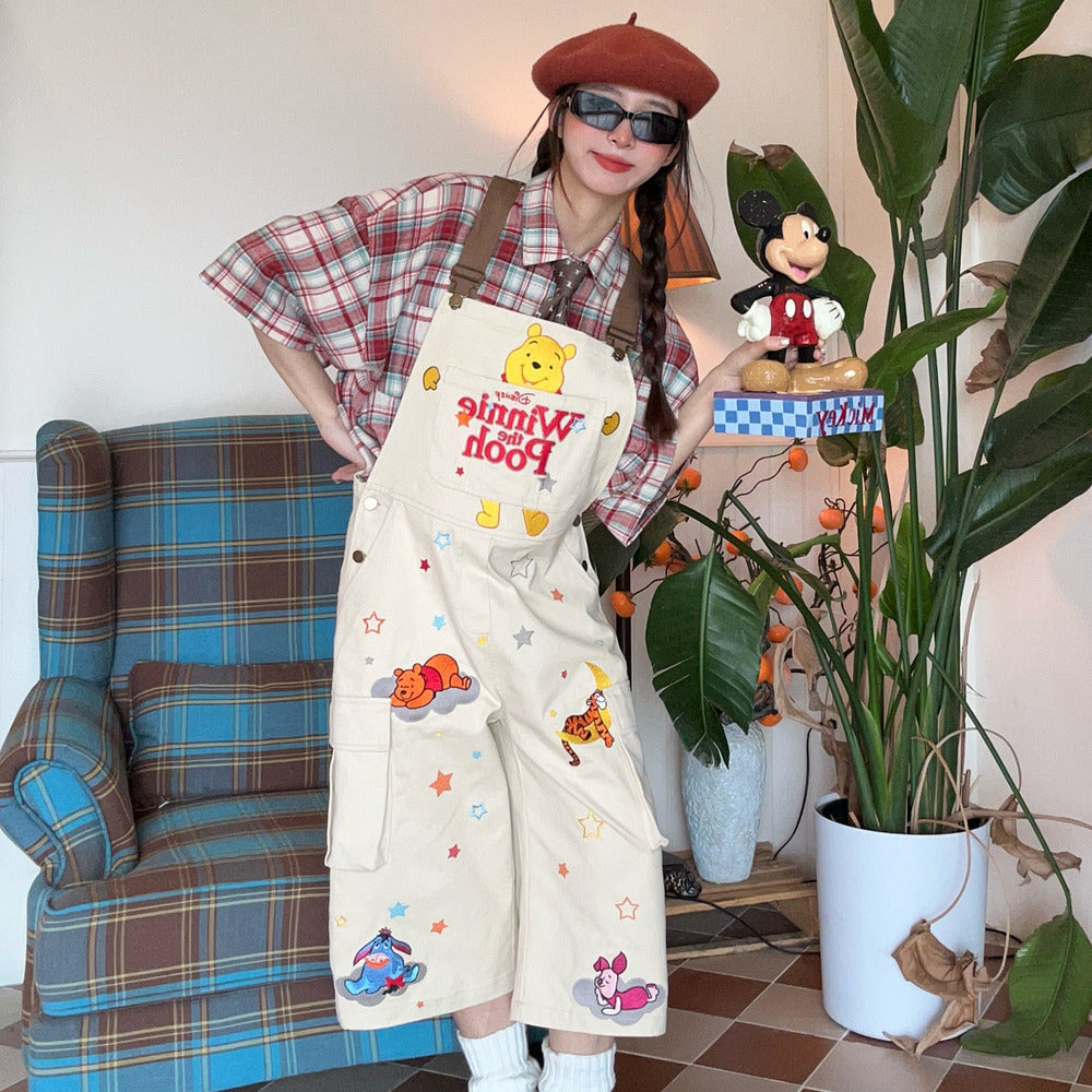 古著風卡通刺繡工裝背帶褲復古重工休閒七分褲女