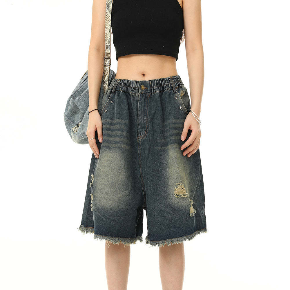 美式水洗破洞牛仔短褲女鬆緊腰寬鬆百搭闊腿五分褲