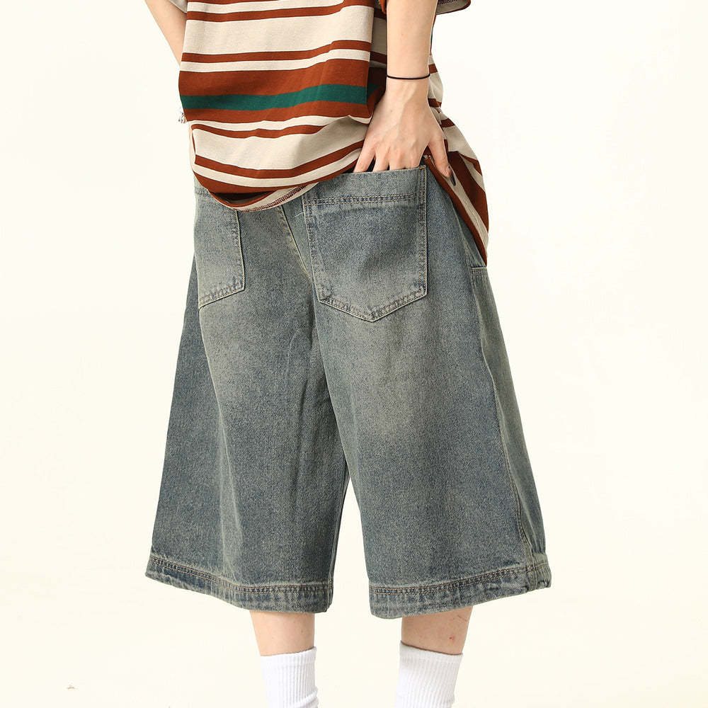 美式復古街頭水洗牛仔短褲女直筒褲闊腿潮牌百搭七分褲