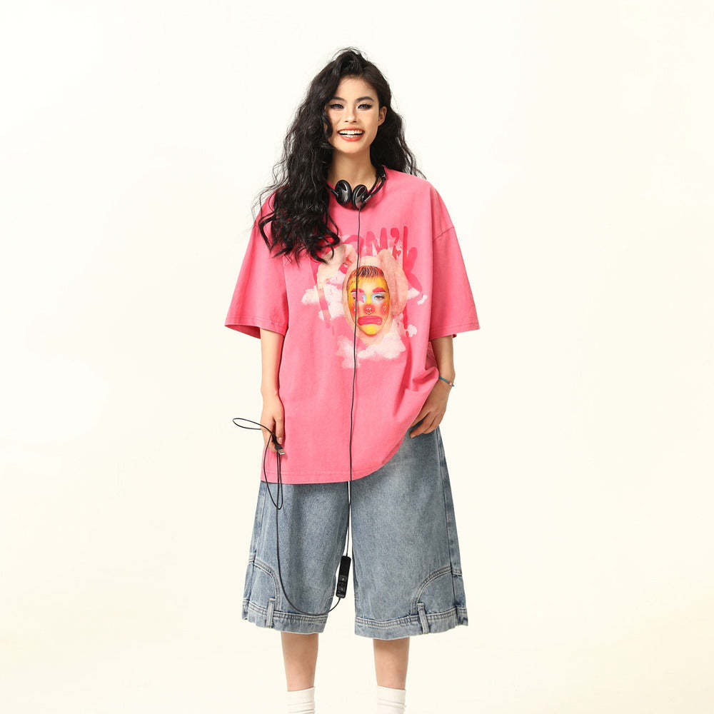美式復古街頭小丑印花短袖T恤女寬鬆做舊水洗粉色T恤