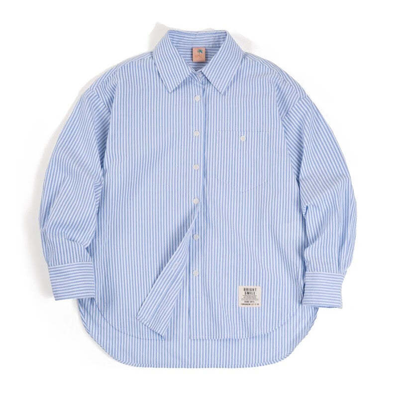 馬登女裝 法式經典藍白條紋襯衫寬鬆休閒襯衣開衫方領上衣外套夏