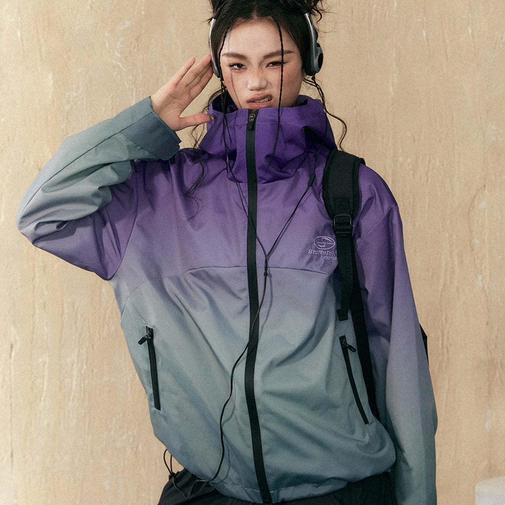 紫色漸變衝鋒衣女新款春季戶外山系防水登山服外套女