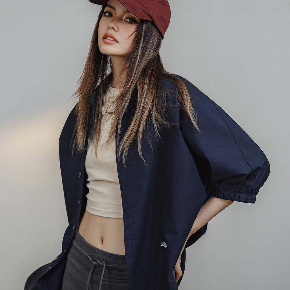 馬登女裝 美式襯衫七分袖寬鬆上衣蝙蝠袖休閒透氣立領外套可疊穿夏季女