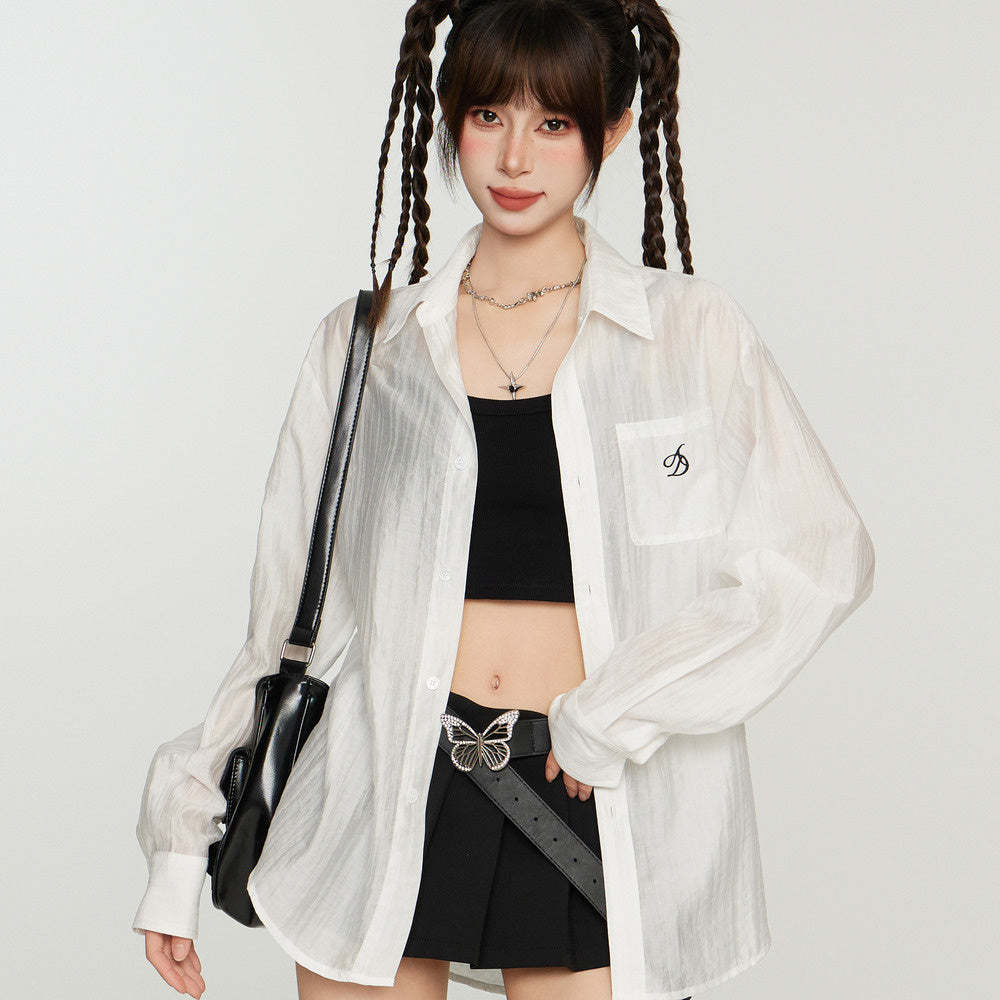 白色防曬襯衫外套女夏季薄款襯衣開衫長袖罩衫防曬衫外搭天絲上衣