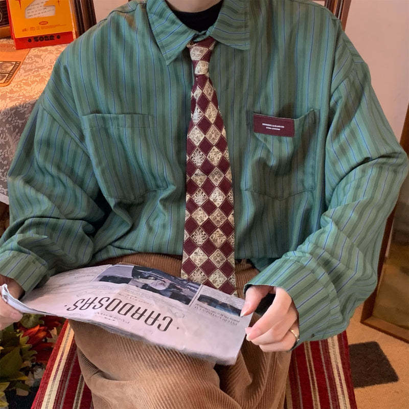 日系復古豎條紋襯衫秋裝新款寬鬆慵懶襯衣防曬長袖