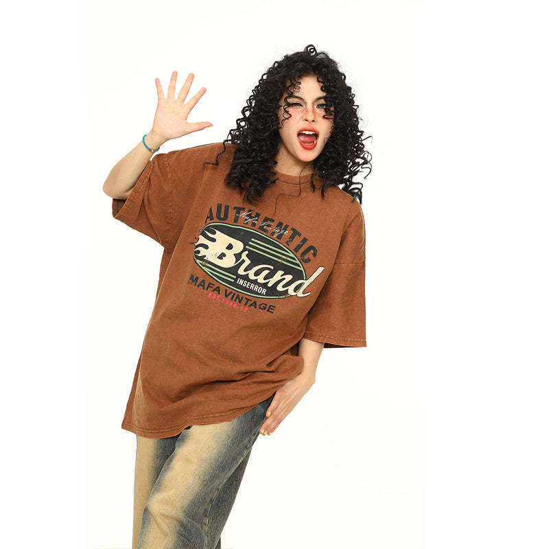 夏季新款美式水洗深棕色短袖T恤女寬鬆TEE