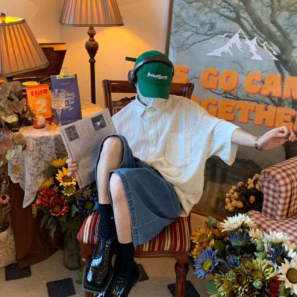 日系復古簡約慵懶鏤空短袖襯衫夏輕奢設計感小眾中性襯衣