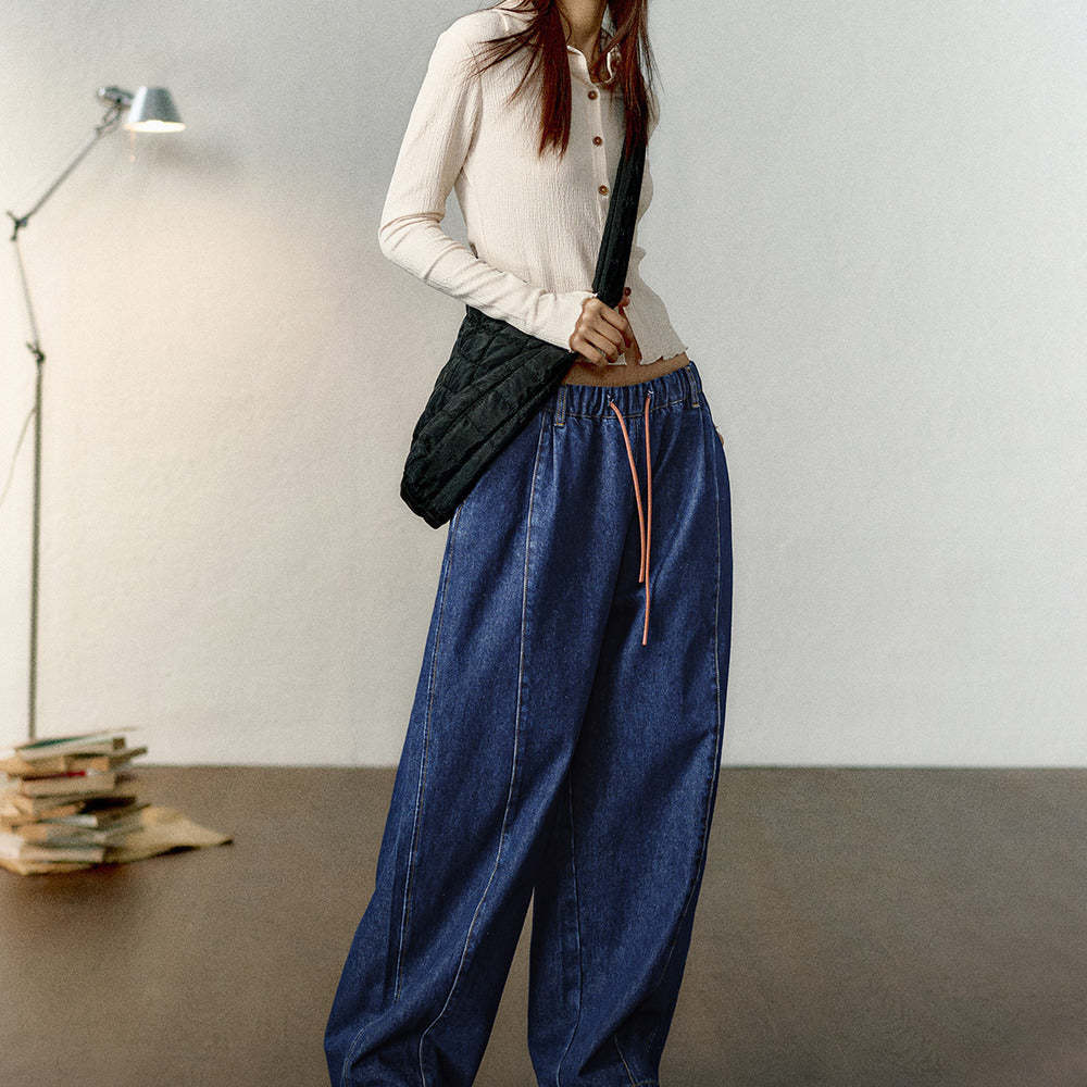 馬登女裝 寬鬆直筒解構香蕉牛仔褲鬆緊腰抽繩闊腿褲加長鬆弛感褲子