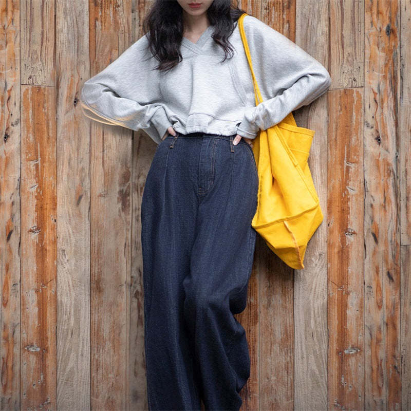 馬登女裝 美式復古水洗藍牛仔闊腿褲直筒休閒褲高腰顯瘦牛仔褲