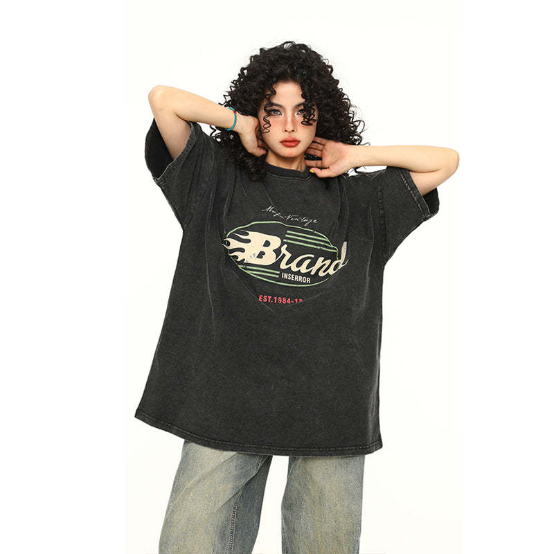 夏季新款美式水洗深棕色短袖T恤女寬鬆TEE