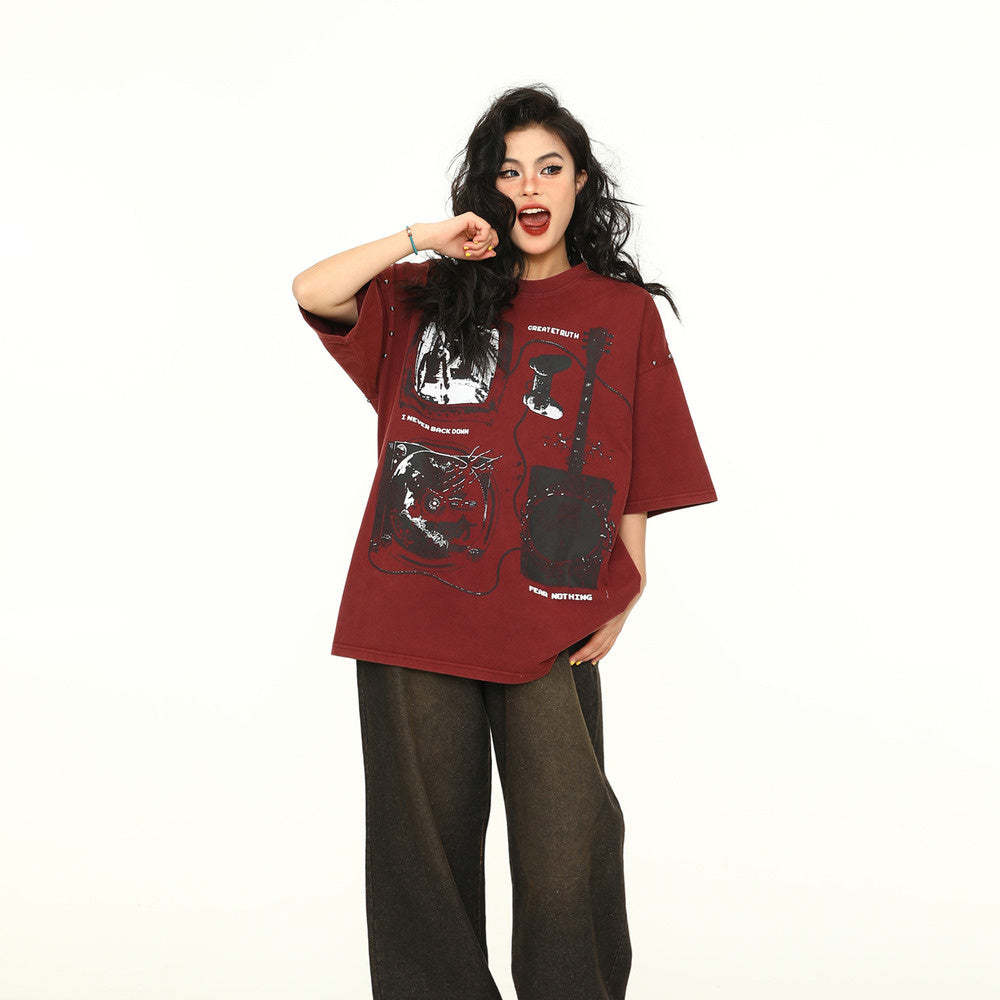 美式街頭酒紅色復古短袖T恤女寬鬆oversize上衣