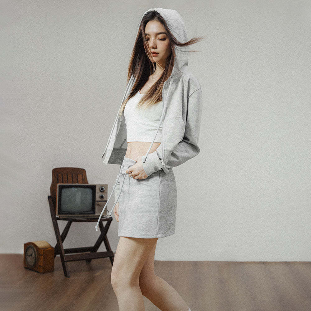 馬登女裝 美式高腰短衛衣修身灰色連帽拉鍊衛衣開衫運動外套