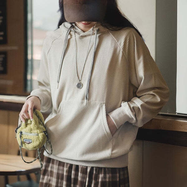 馬登女裝 休閒插肩袖連帽刺繡衛衣寬鬆復古套頭純色運動上衣女