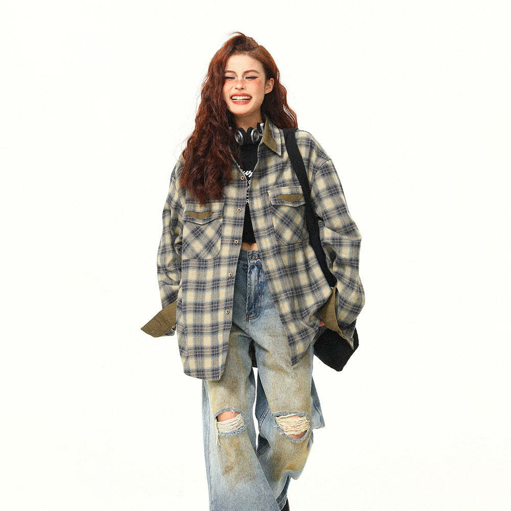 美式復古拼接撞色設計感秋季格子長袖襯衫女寬鬆百搭襯衣