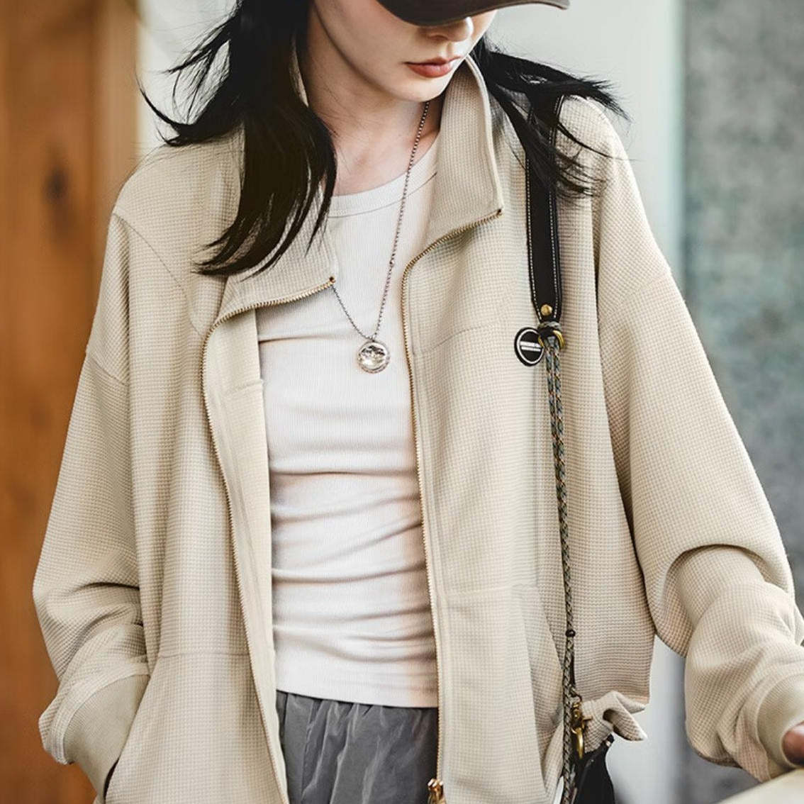 馬登女裝 鹽系立領衛衣寬鬆華夫格拉鍊外套休閒短款開衫上衣