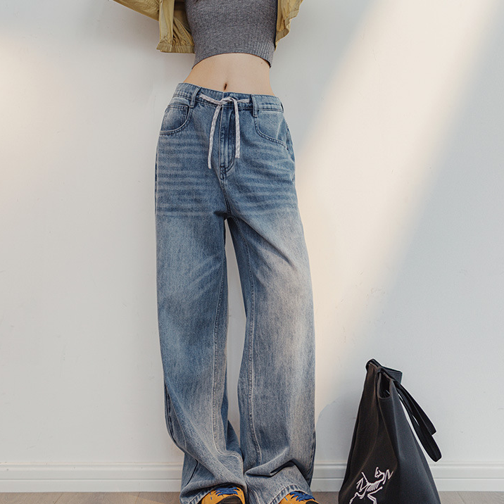馬登女裝 淺藍色闊腿牛仔褲復古抽繩直筒褲遮肉顯瘦垂感休閒長褲夏季女