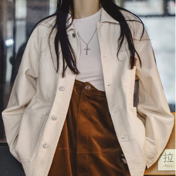 馬登女裝 白色牛仔外套寬鬆設計感小眾美式復古慵懶風純棉夾克秋冬