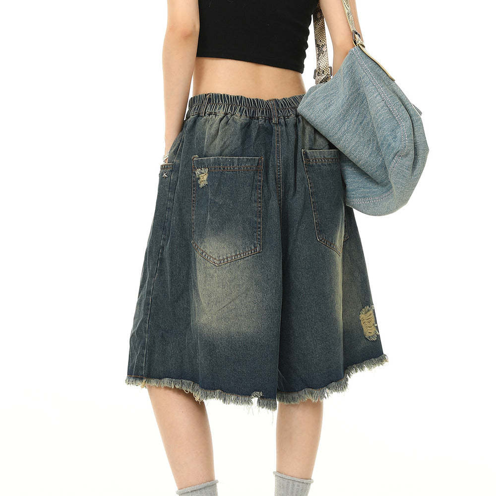 美式水洗破洞牛仔短褲女鬆緊腰寬鬆百搭闊腿五分褲