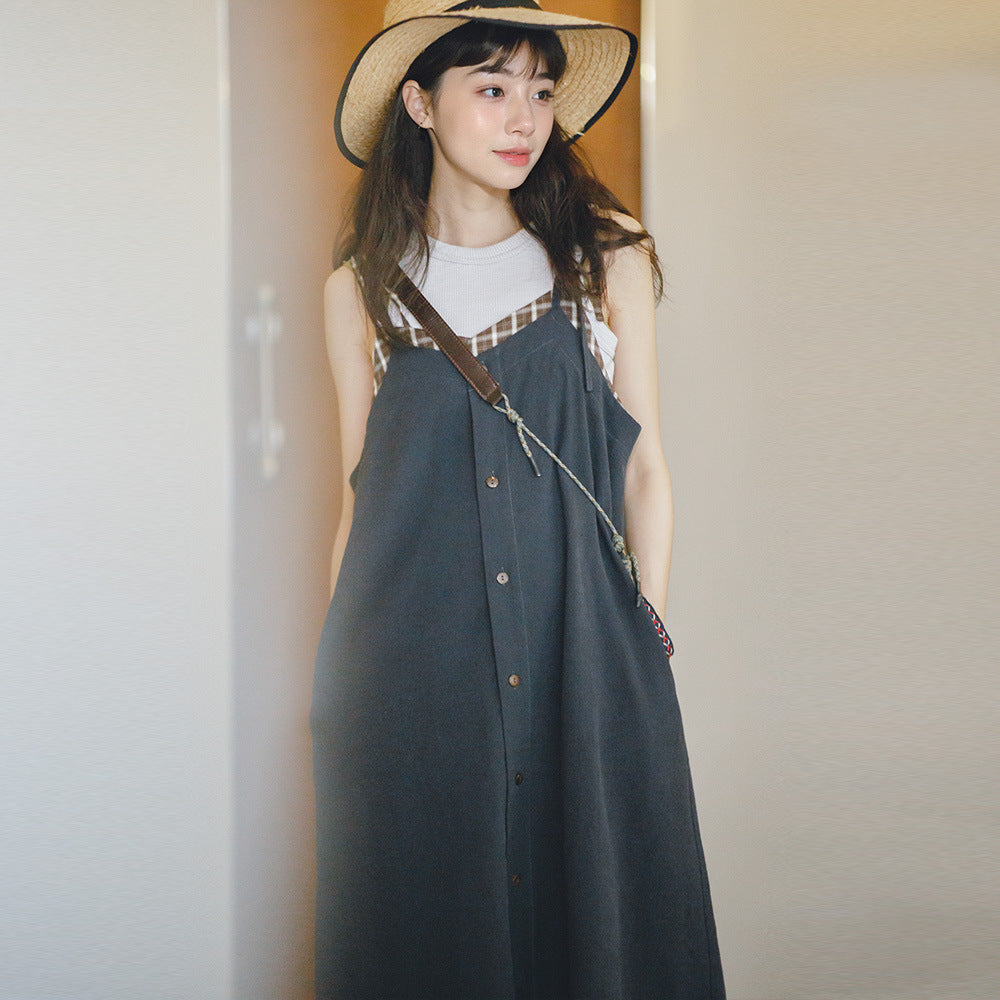 馬登女裝 復古格紋拼接背帶裙顯瘦A字寬鬆吊帶連衣長裙無袖
