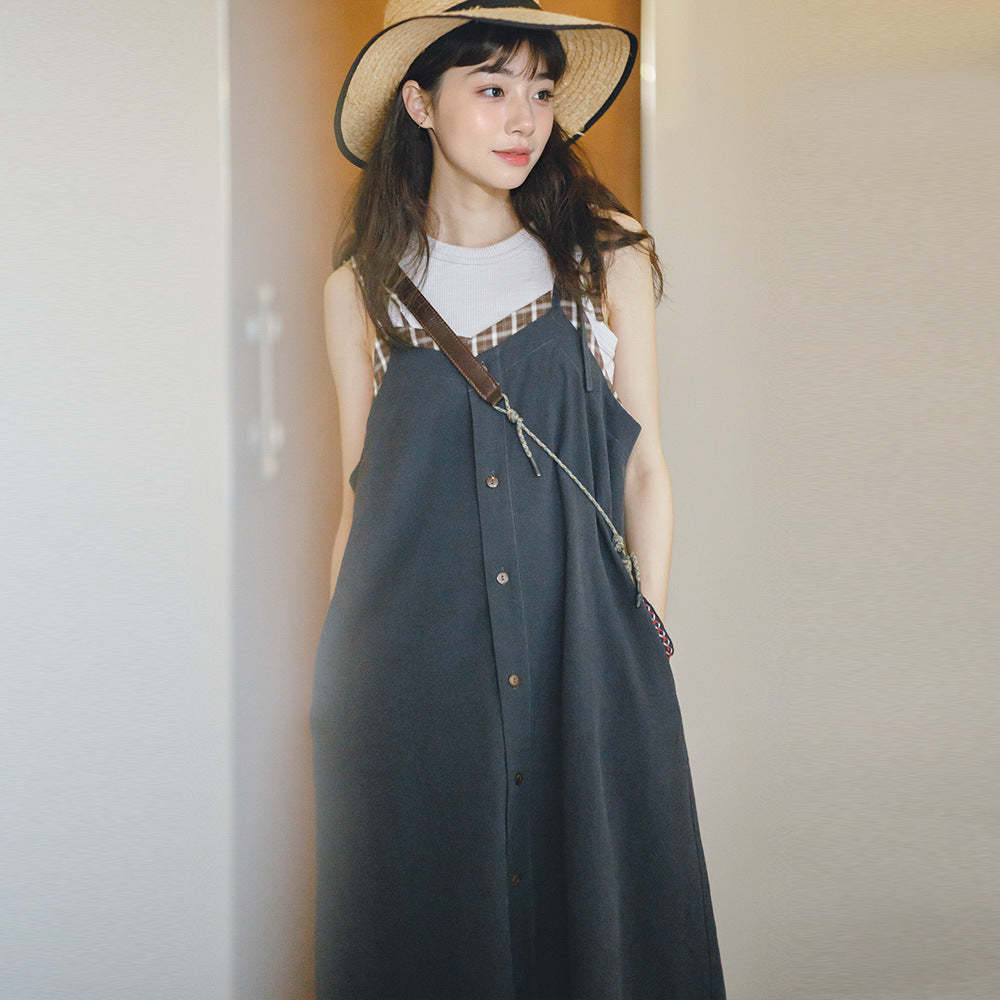 馬登女裝 復古格紋拼接背帶裙顯瘦A字寬鬆吊帶連衣長裙無袖