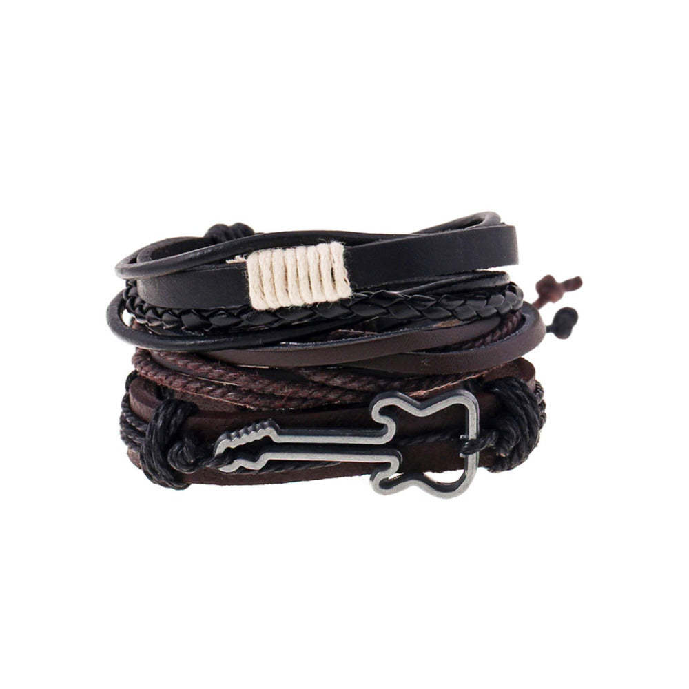 復古編織吉他牛皮手鏈合金三層套裝簡約棕荼蘼三條可拆