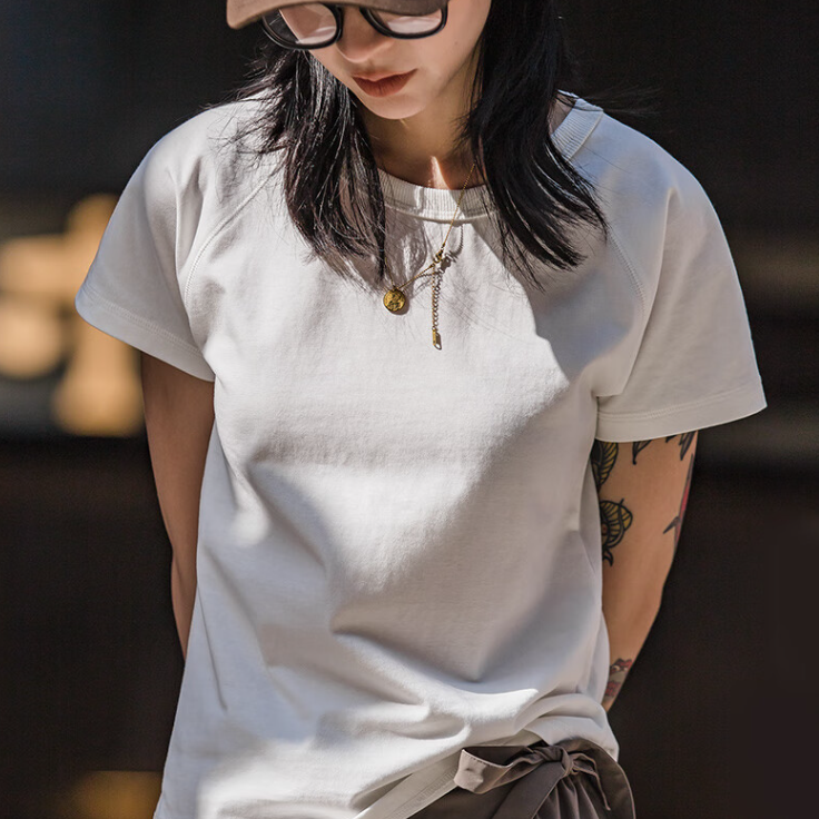 馬登女裝 新疆棉圓領短袖T恤夏季基礎百搭半袖衫Vintage純色插肩體恤