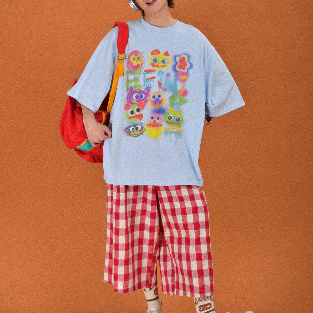 日系復古格子寬鬆休閒男女夏季鬆緊褲百搭闊腿情侶七分褲