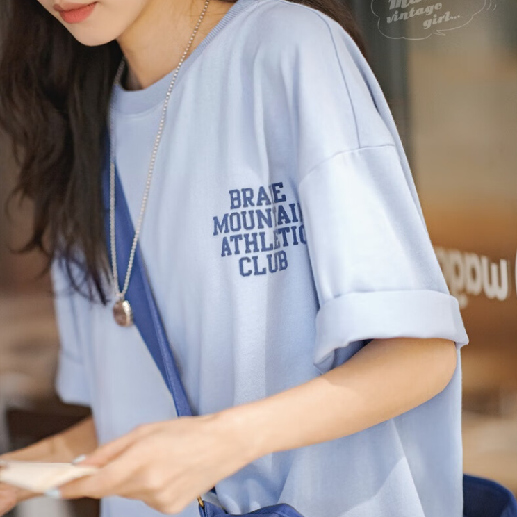 馬登女裝 美式休閒馬卡龍純色短袖T恤寬鬆純棉字母印花情侶套頭衫
