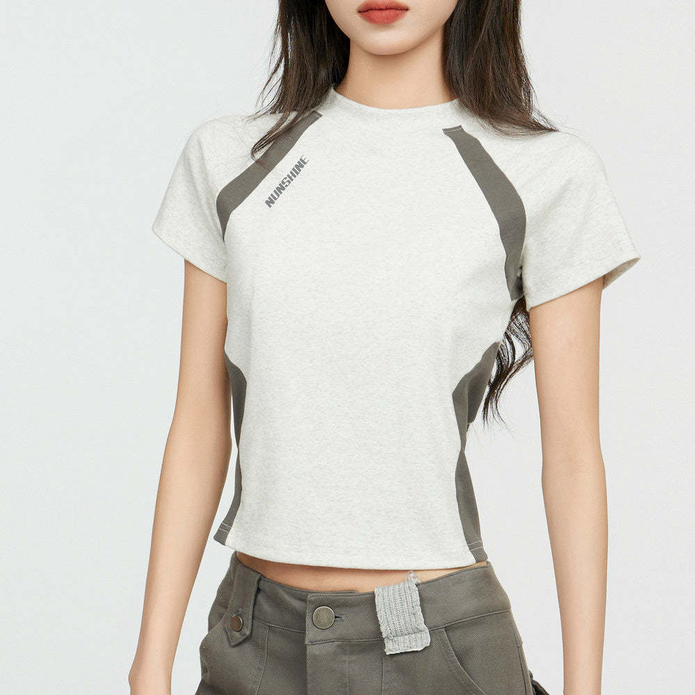 美式灰色正肩短袖t恤女夏季修身半袖設計感小眾辣妹運動短款上衣