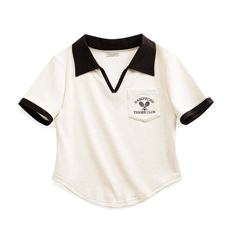 馬登女裝 復古V領Polo衫正肩顯瘦短袖修身T恤小眾設計老錢風撞色上衣