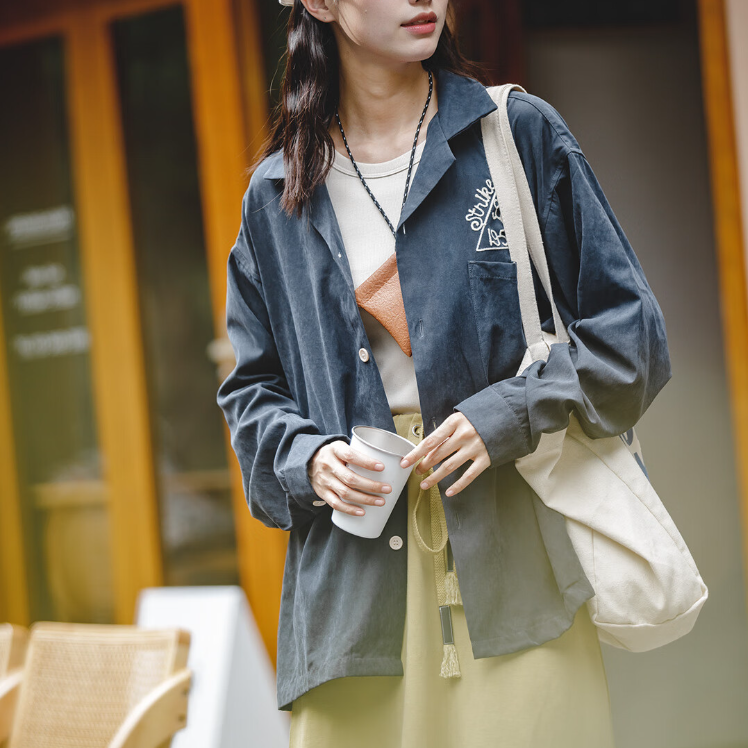 馬登女裝 美式復古磨毛刺繡襯衫桃皮絨寬鬆翻領保齡球襯衣女潮夏