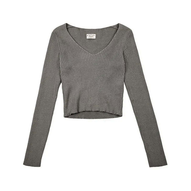 馬登女裝 美式復古針織衫純棉內搭V領打底衫秋冬短款純色修身女上衣