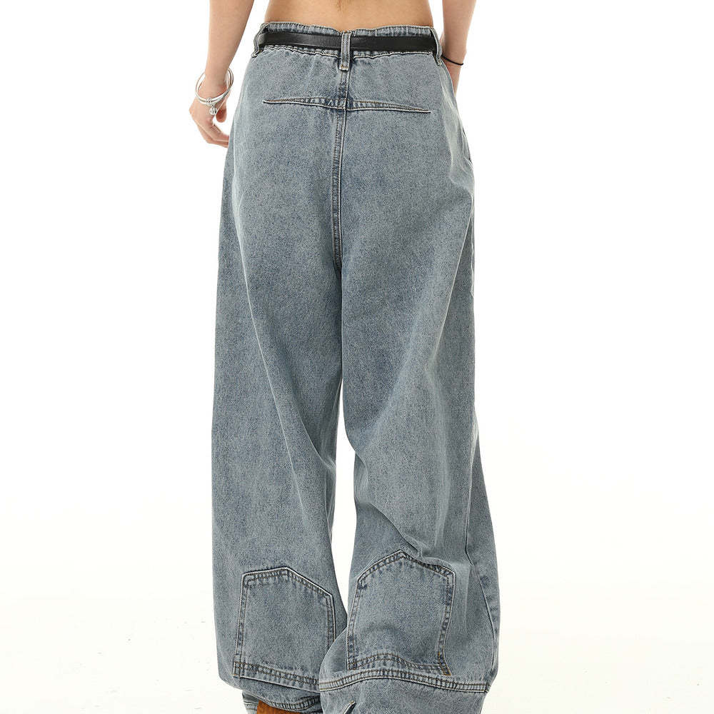 美式復古設計感倒裝牛仔褲女水洗闊腿寬鬆長褲