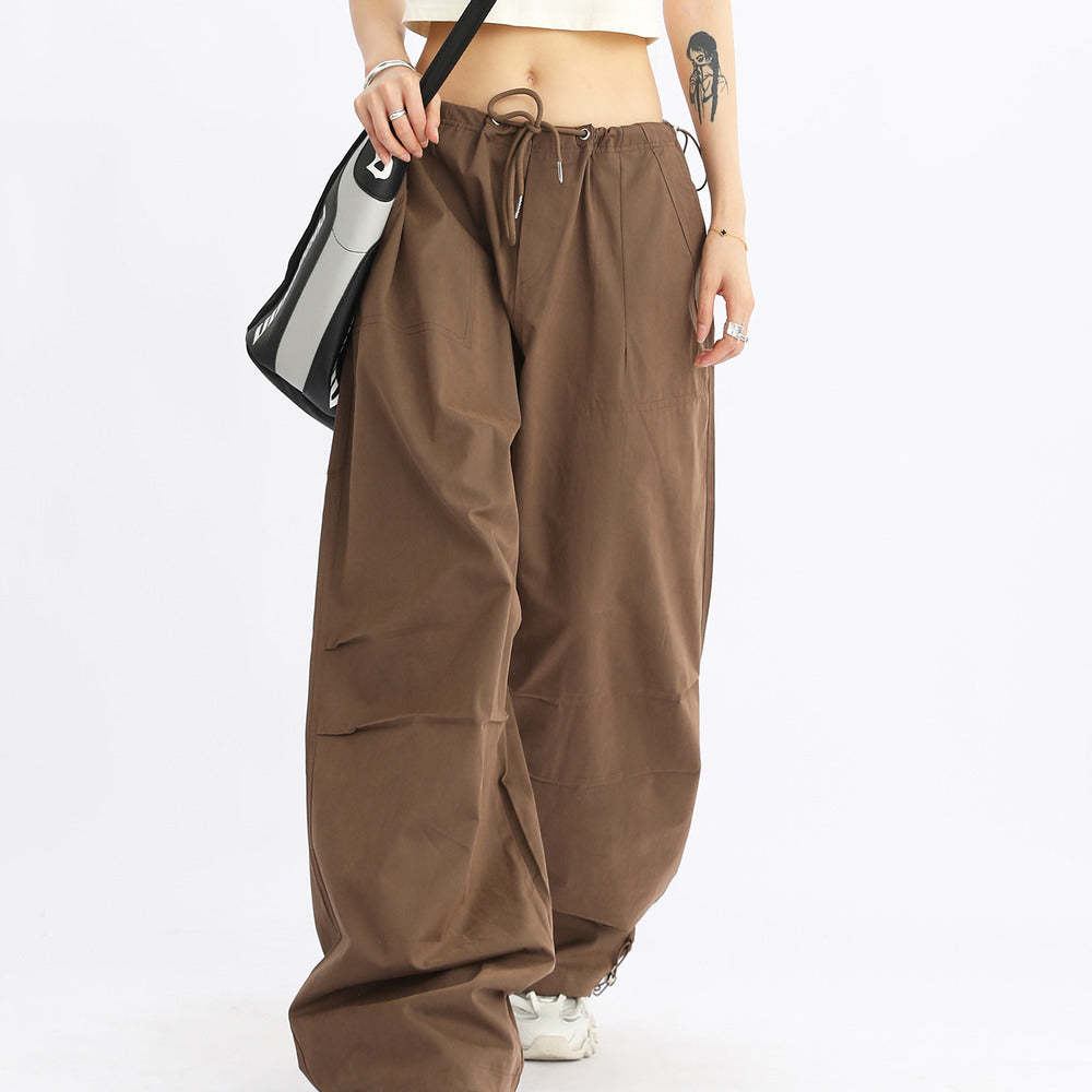 美式闊腿抽繩傘兵工裝褲女寬鬆低腰休閒百搭長褲