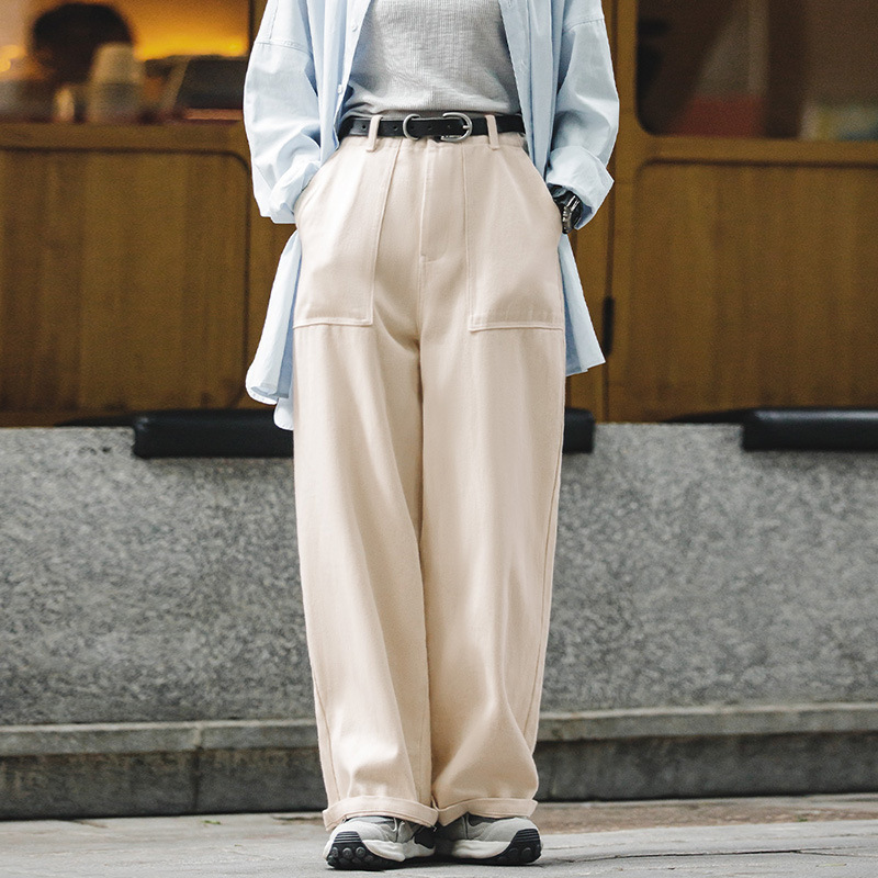 馬登女裝 白色牛仔闊腿褲寬鬆口袋工裝褲直筒休閒長褲子秋