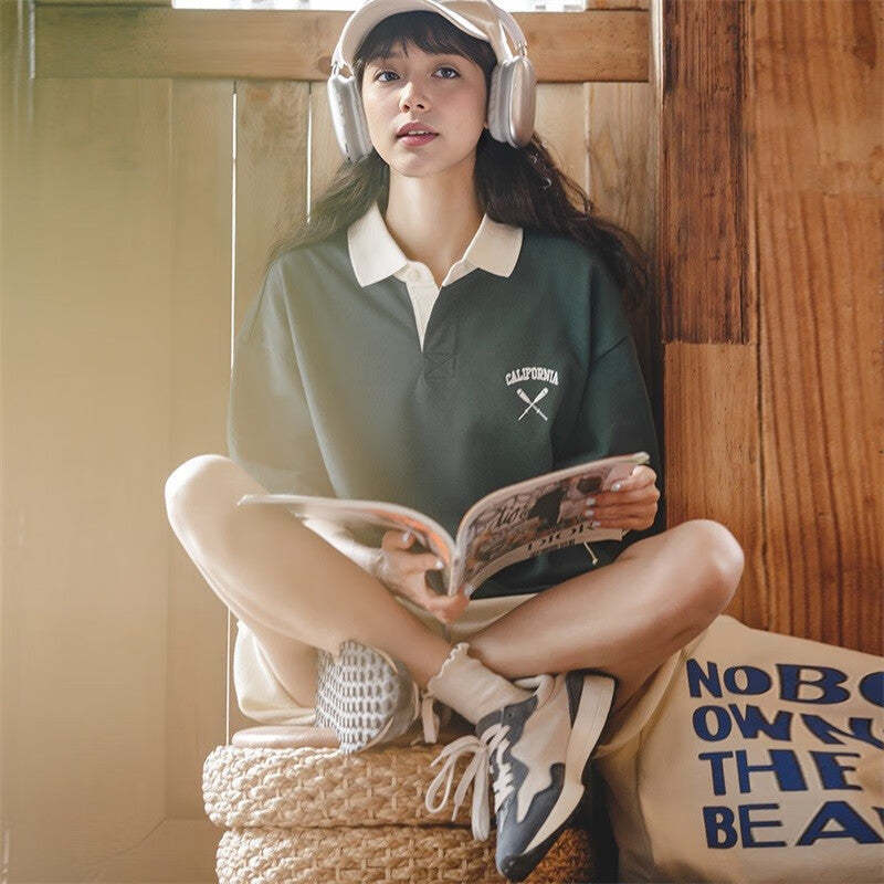 馬登女裝 美式復古翻領短袖學院風寬鬆polo打底衫顯瘦情侶T恤